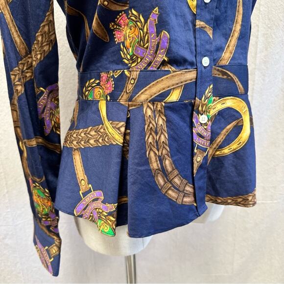 Lauren Ralph Lauren navy equestrian horse bit  button up peplum shirt size 4 - Picture 7 of 16
